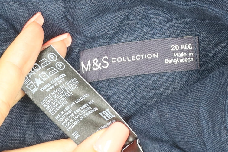 Marks and Spencer Womens Blue Linen Cropped Wide-Leg Belted Trousers Size 20