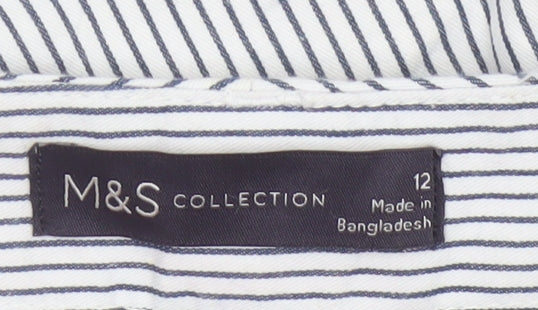 Marks and Spencer Women White Stripe Size 12 Straight Cotton Trousers