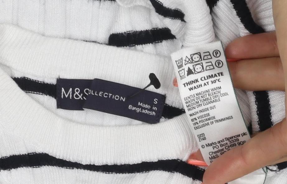 M&S Collection Women White Black Striped Rib Knit 3/4 Sleeve Top S