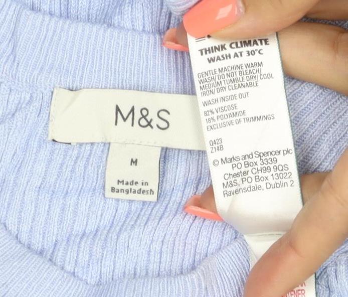 Marks and Spencer Women Blue M Ribbed Stretch Jersey T-Shirt