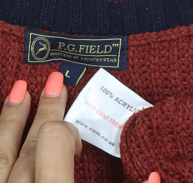 P.G. Field Men’s Red L V-Neck Cable Knit Acrylic Pullover Jumper