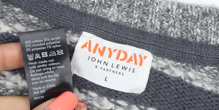 John Lewis ANYDAY Women Grey Striped Chunky Knit Crew Neck Jumper L