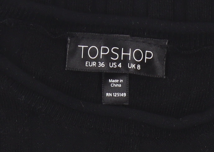Topshop Women Black UK 8 Rib Knit Slim Pullover Jumper Button Cuffs
