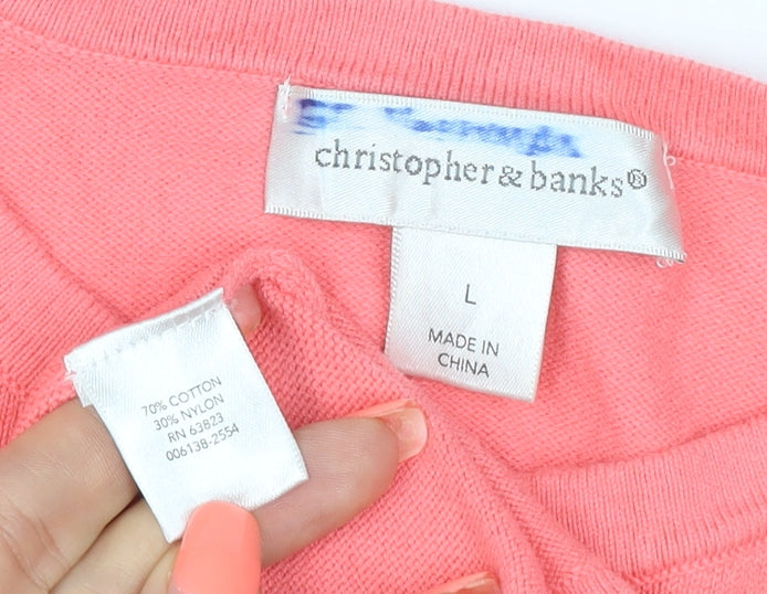 Christopher & Banks Women Pink L Button Front Cotton Knit Cardigan