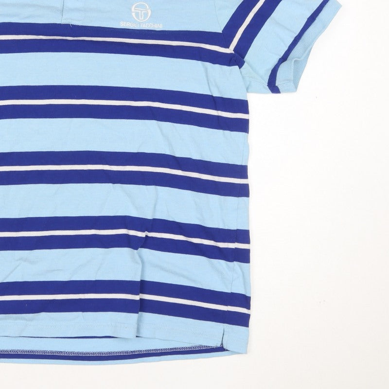 Sergio Tacchini Men’s Blue Striped Logo Short Sleeve Polo Shirt L