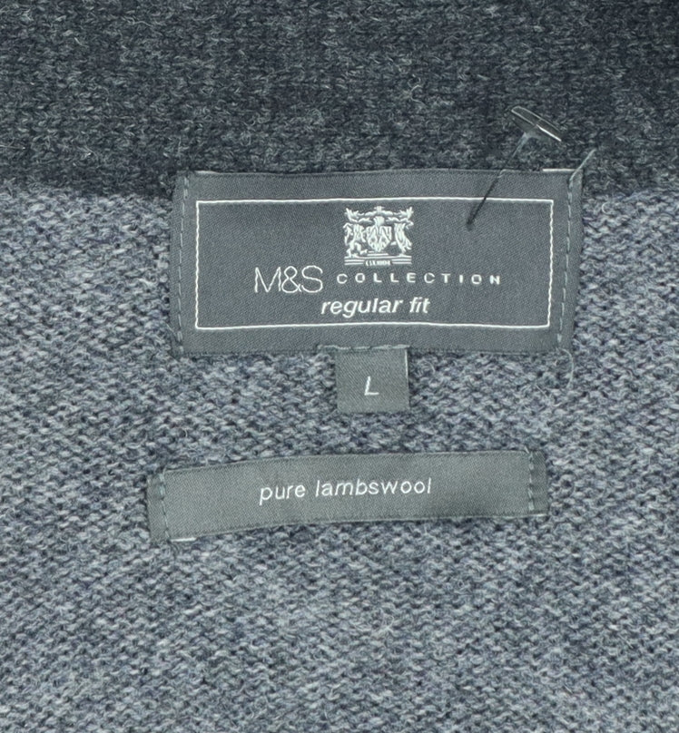 Marks and Spencer Men Grey Lambswool L Regular Fit Button Cardigan Pockets