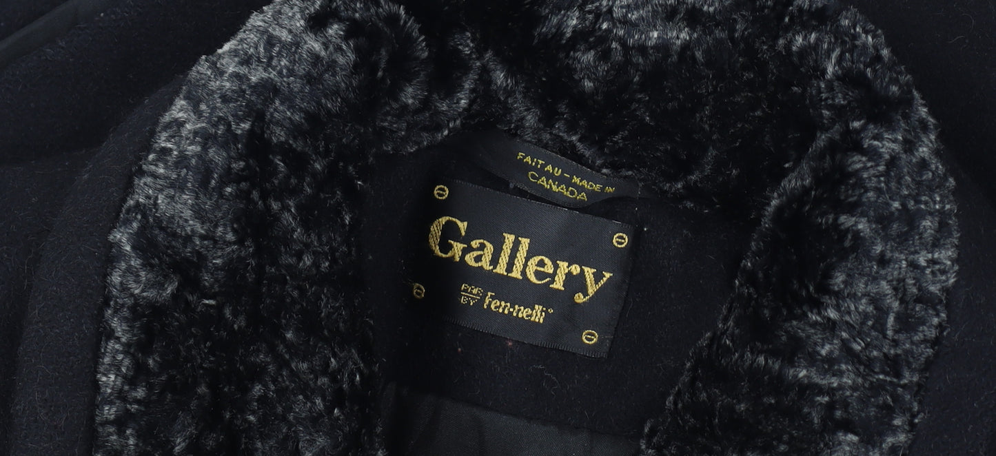 Gallery Women Size 16 Black Wool Blend Faux Fur Trim Long Overcoat Size Unlabelled