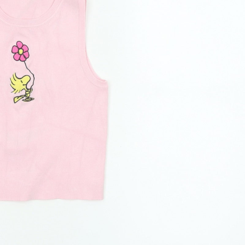 Snoopy Women’s Pink XS Knit Tank Top Woodstock Flower Cartoon