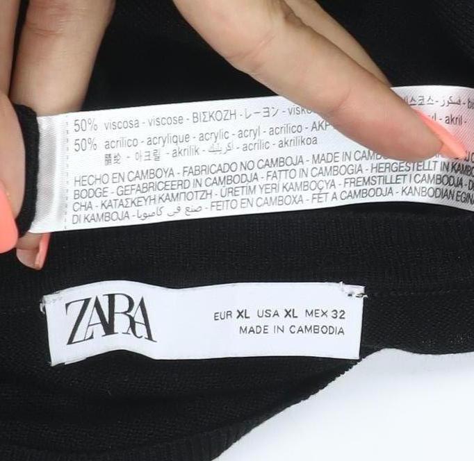 Zara Women Black UK 16 Basic Knit Long Sleeve Crew Neck Top