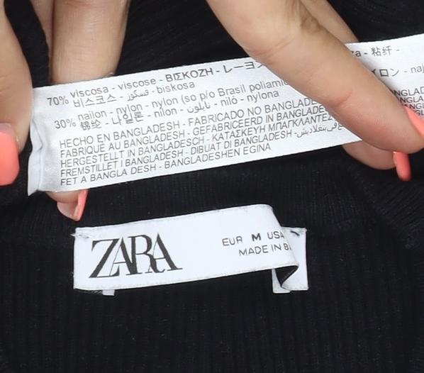 Zara Women Black M Rib Knit Round Neck Slim Pullover Jumper