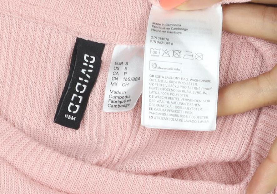 C&A Women Pink S Ribbed Pearl Puff Sleeve Knit T-Shirt