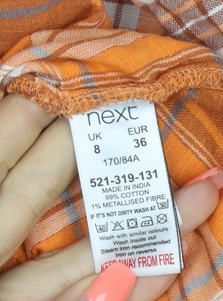 Next Women Orange Plaid Off Shoulder Button Blouse UK 8 3/4 Sleeve