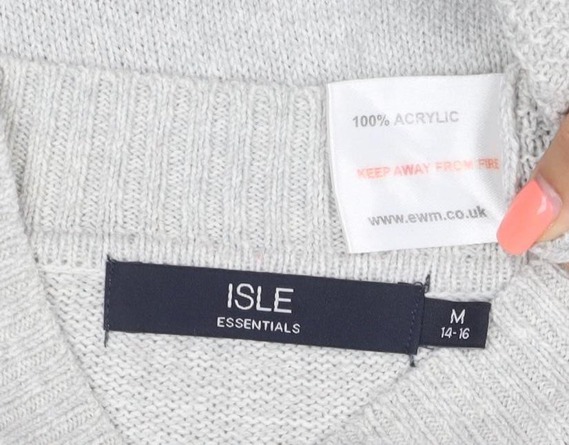Isle Essentials Women Grey M Cable Knit Mock Neck Acrylic Jumper