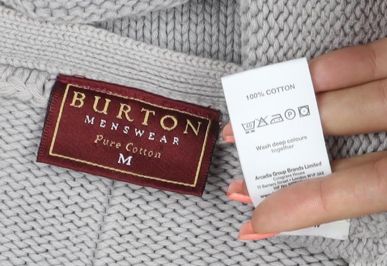 Burton Menswear Men Grey Cotton V-Neck Chunky Knit Jumper M