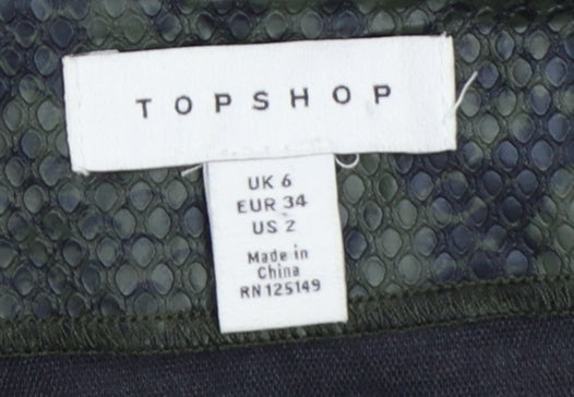 Topshop Women Green Snake Print Faux Leather Mini Pencil Skirt UK 6