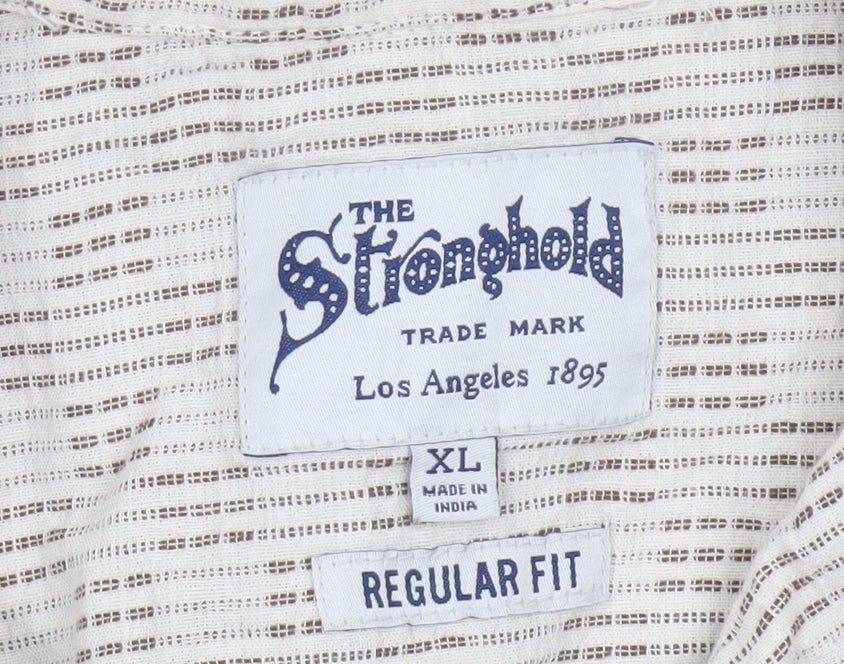 The Stronghold Men’s Beige XL Regular Fit Cotton Linen Stripe Shirt