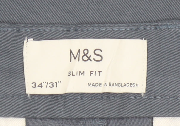 Marks and Spencer Men Grey 34/31 Slim Fit Stretch Chino Trousers