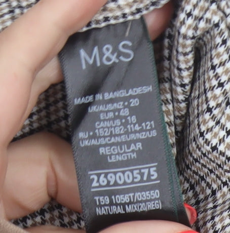 M&S Women's Beige Check Wide-Leg Trousers UK 20 Regular Elasticated