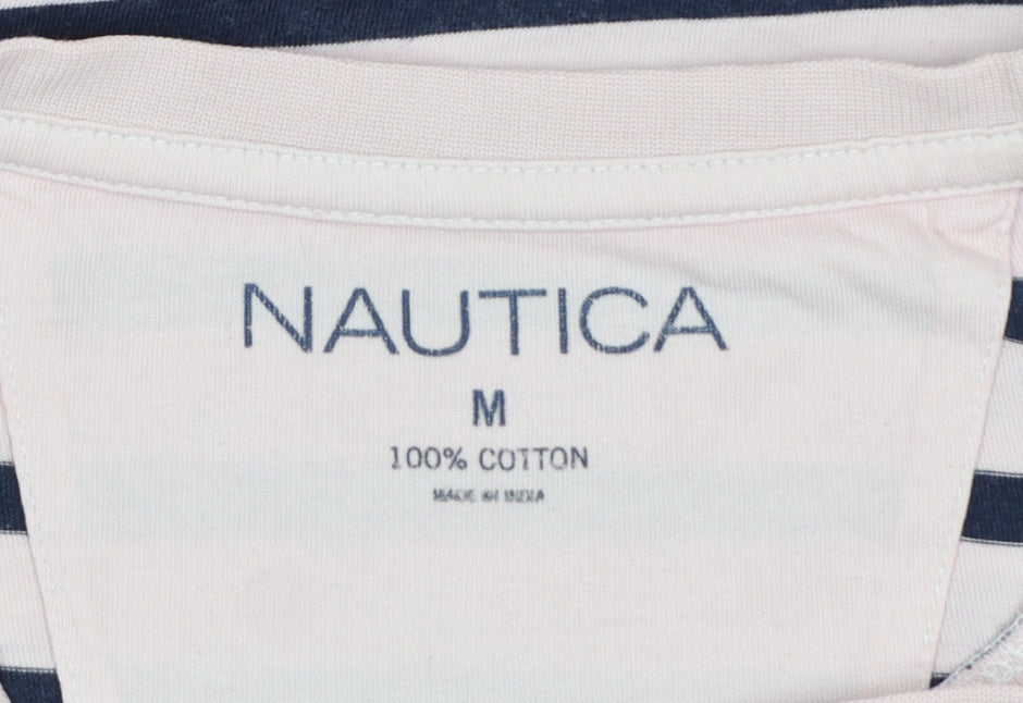 Nautica Men’s Pink Navy Striped Cotton Crew Neck T-Shirt M