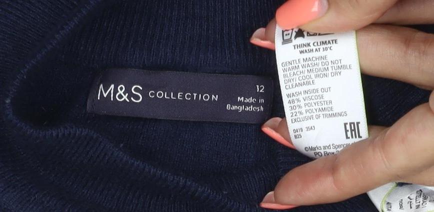 M&S Collection Women’s Navy UK 12 Ribbed Roll Neck Button Sleeve Jumper