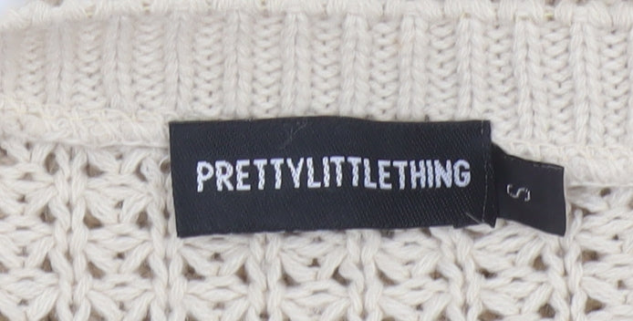 PrettyLittleThing Women Beige S Open-Knit Crew Neck Cropped Jumper