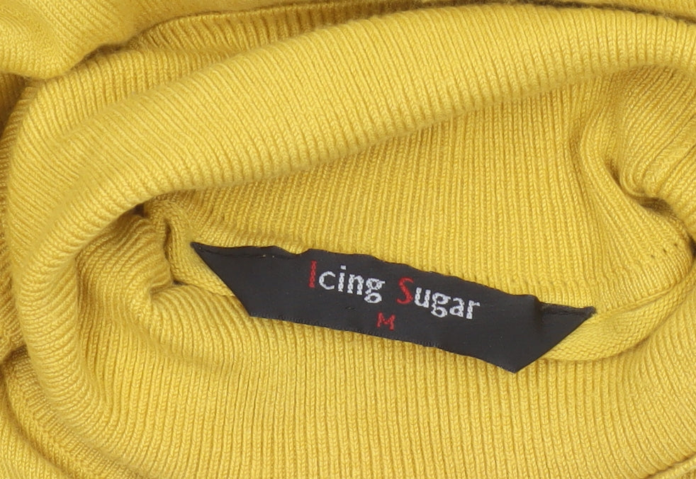 Icing Sugar Women Yellow M Roll Neck Belted Knit Tunic Jumper