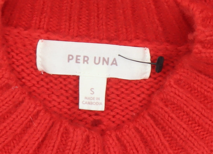 Per Una Women Red S Cable-Knit Mock Neck Wool Cotton Pullover Jumper