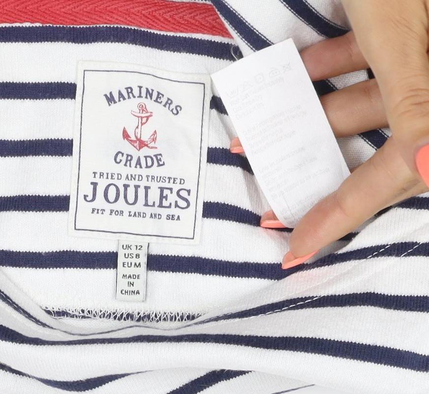 Joules Women White Navy Stripe UK 12 Basic Boat Neck Jersey Top