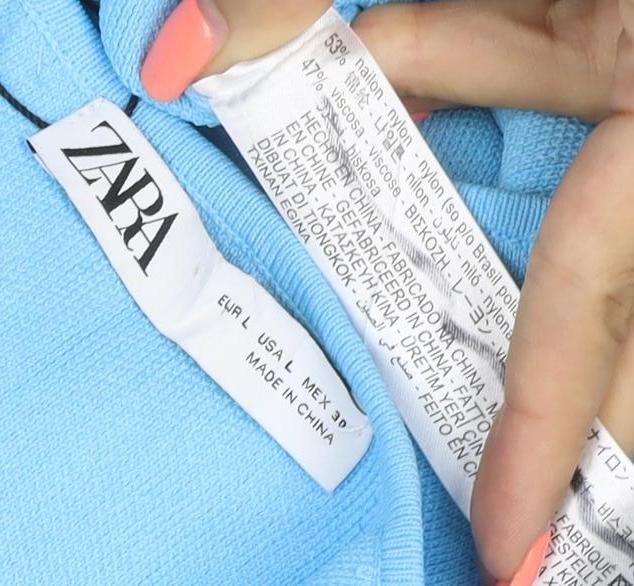Zara Women Blue Off Shoulder Cropped Knit Hook & Eye Top Size L