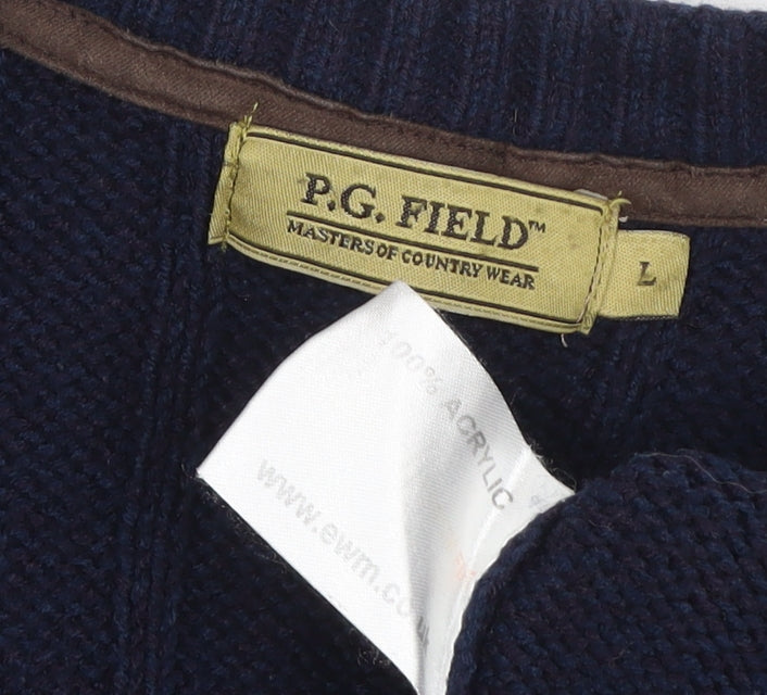 P.G. Field Men’s Blue Large Cable Knit V-Neck Acrylic Pullover Jumper
