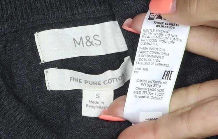 Marks and Spencer Men Grey S Fine Pure Cotton V-Neck Pullover Jumper