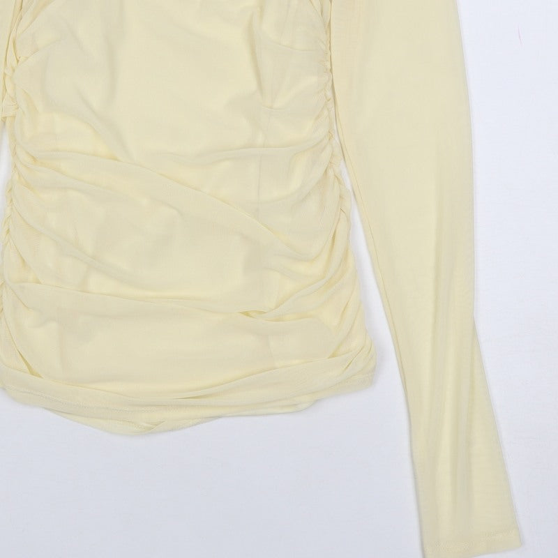 Pinko Women Yellow S Sheer Mesh Ruched High Neck Blouse