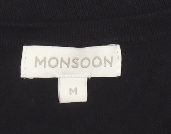 Monsoon Women Black M V-Neck 3/4 Sleeve Button Knit Cardigan