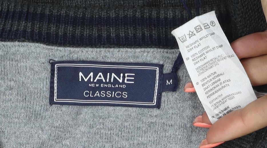 Maine New England Men Grey M V-Neck Cotton Knit Pullover Jumper
