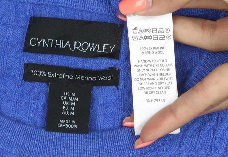Cynthia Rowley Unisex Blue M Merino Wool Cable Knit Crew Neck Jumper