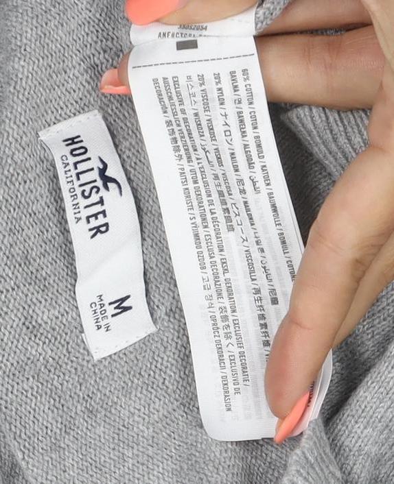 Hollister Men Grey M Crew Neck Logo Cotton Blend Pullover Jumper