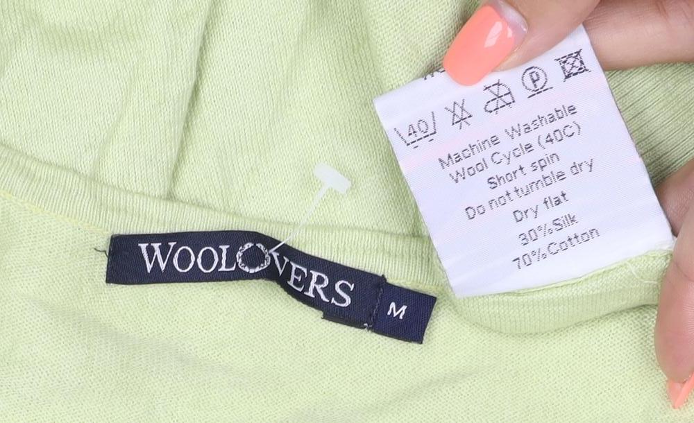WoolOvers Women Green M Cotton V-Neck Short Sleeve Cardigan Pockets