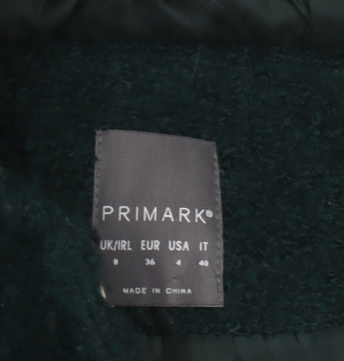 Primark Women Green Hooded Bouclé Zip Coat UK 8 Mid-Length