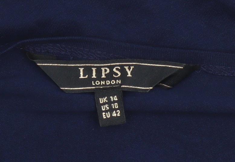 Lipsy Women Blue UK 14 Wrap Tie Front Long Sleeve Jersey Blouse