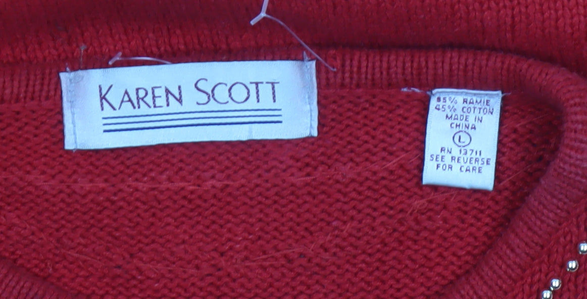 Karen Scott Unisex Adults Red L Beaded Ramie Cotton Pullover Jumper