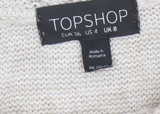 Topshop Women Beige UK 8 Tunic Jumper Short Sleeve Open-Knit