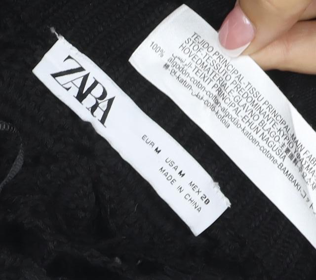 Zara Women Black M Floral Crochet Short Sleeve Button Cardigan