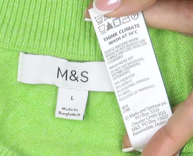Marks and Spencer Women Green L Cashmere Crew Neck Pullover Jumper