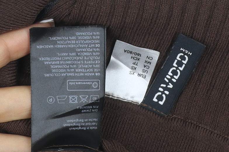 H&M Divided Women Brown UK 6 XS Rib Knit Collared V-Neck Jumper