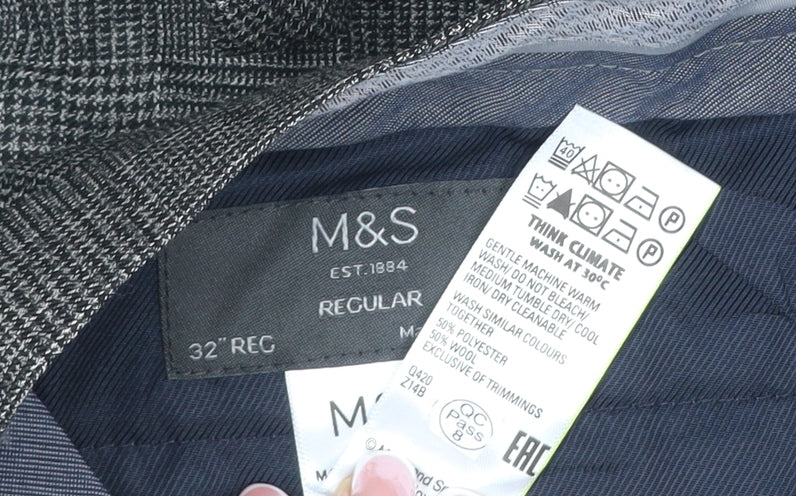 Marks and Spencer Men Grey 32 Regular Check Flat Front Dress Trousers