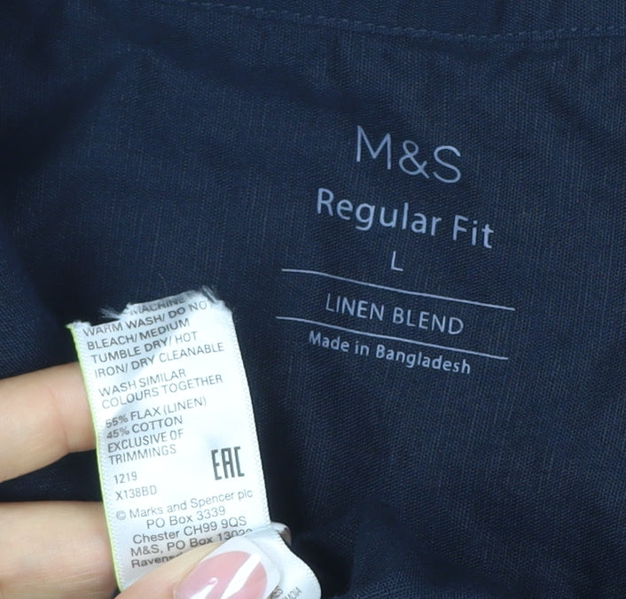 Marks and Spencer Men's Blue L Regular Fit Linen Blend Short Sleeve Shirt