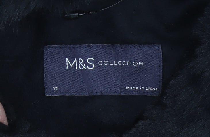 Marks and Spencer Women Black Size 12 Hooded Faux Fur Long Coat