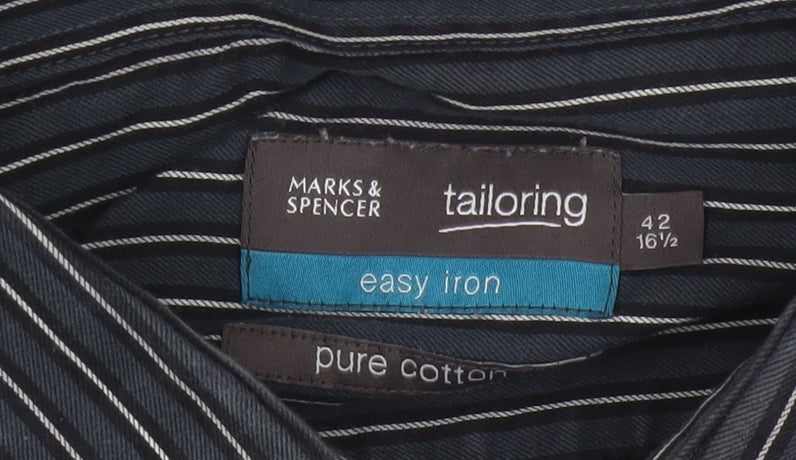 Marks & Spencer Men Blue 42 Pinstripe Pure Cotton Easy Iron Shirt