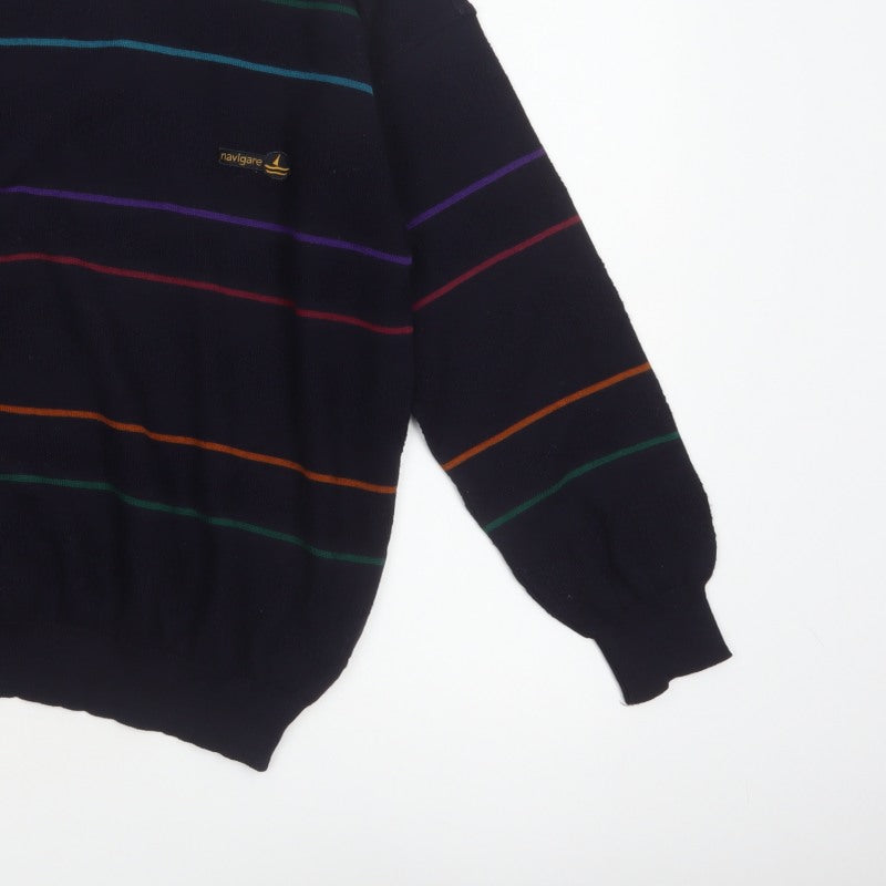 Navigare Men’s Navy Striped Logo Crew Neck Knit Pullover Jumper M