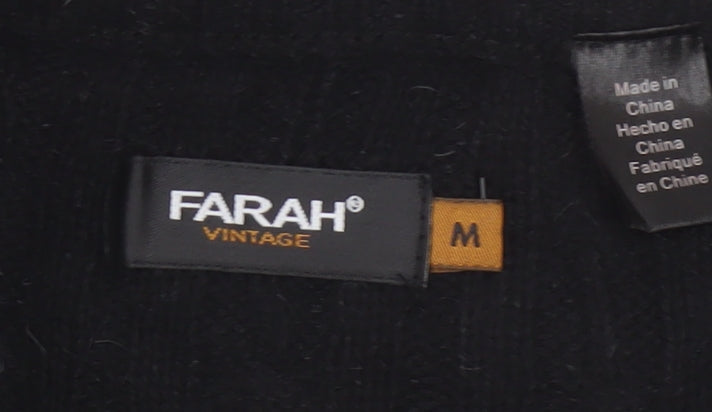 Farah Men’s Black M Cable Knit Wool Blend V-Neck Pullover Jumper